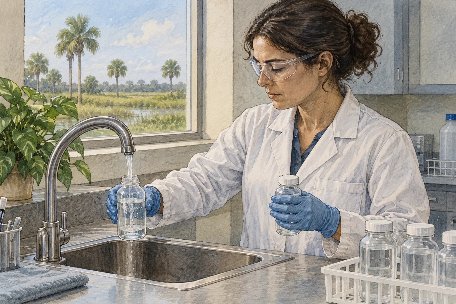 Editorial illustration: A laboratory technician handling water sample bottles beside an indoor tap and sink