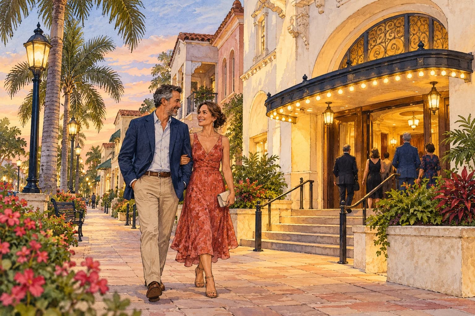Editorial illustration: A couple walking a historic downtown street before a theatre performance