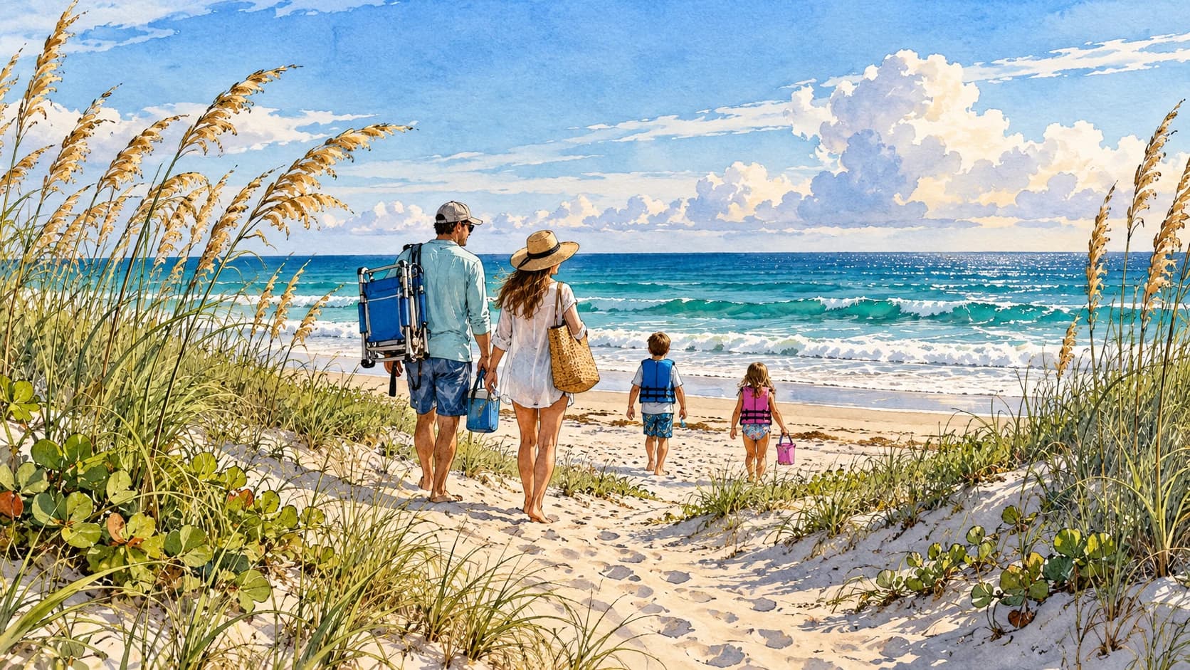 Editorial illustration: An Atlantic beach at Hobe Sound with sea oats dunes and ocean horizon