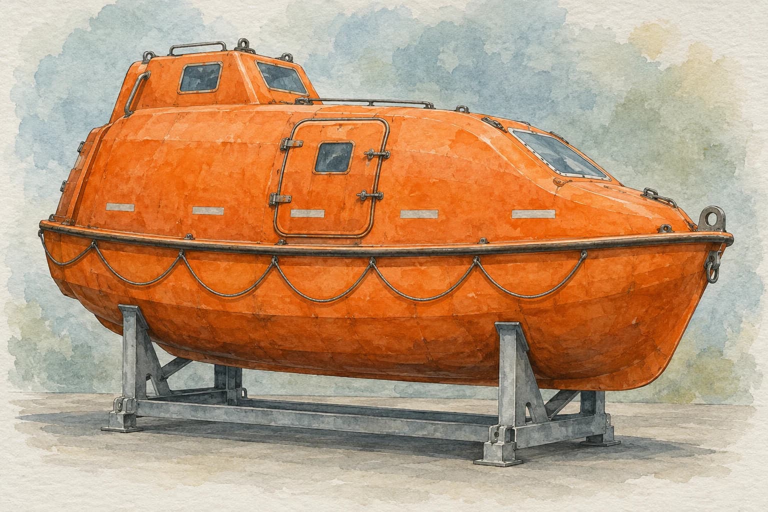 Editorial illustration: One orange enclosed lifeboat on a plain neutral museum display support
