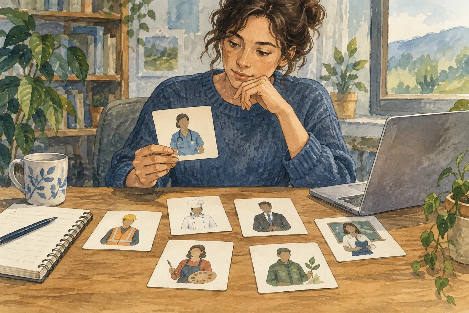 Editorial illustration: A person reviewing real world job categories on blank cards with laptop