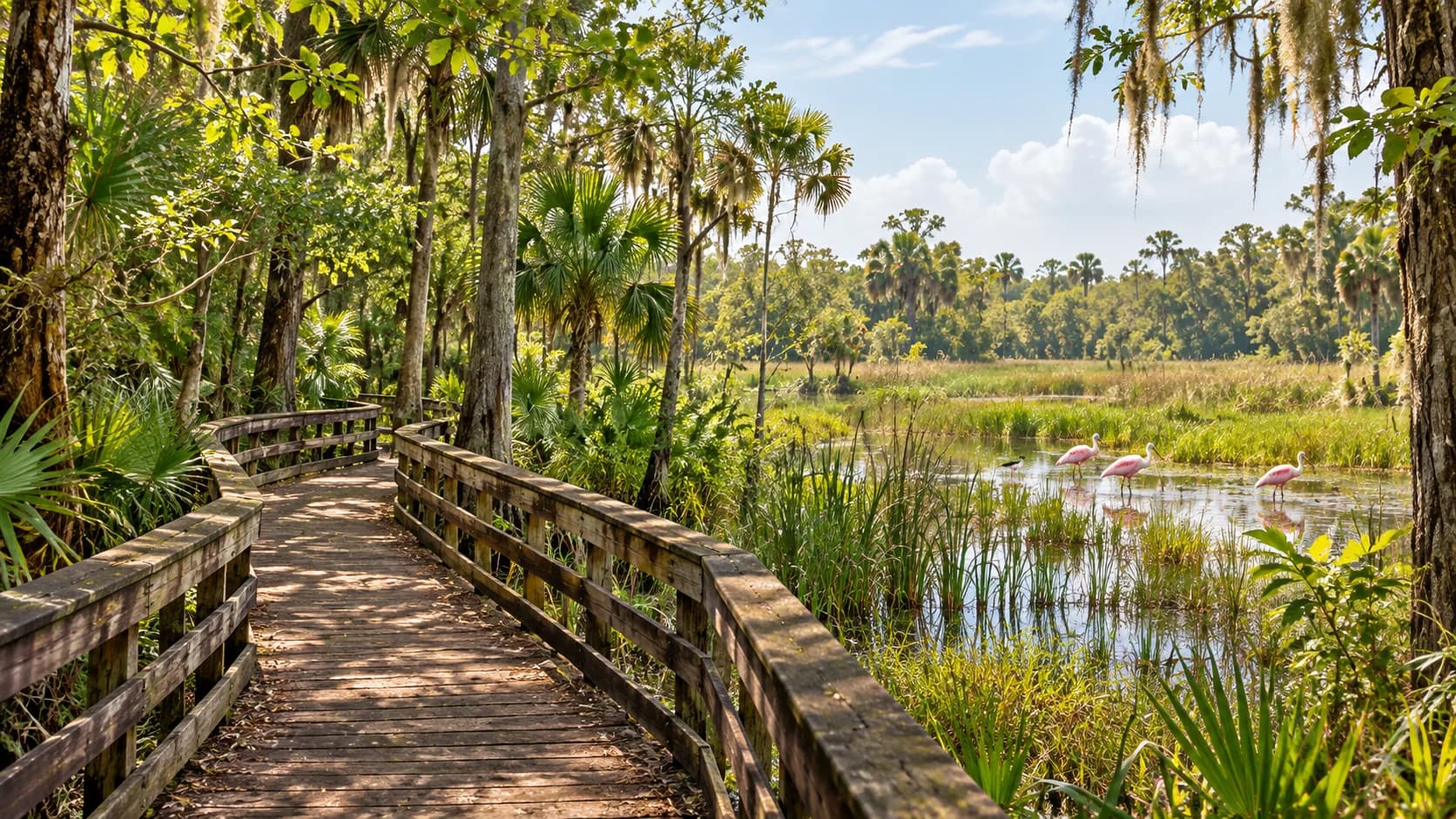 A wooden walk through inland wetland habitat with distant wading birds.