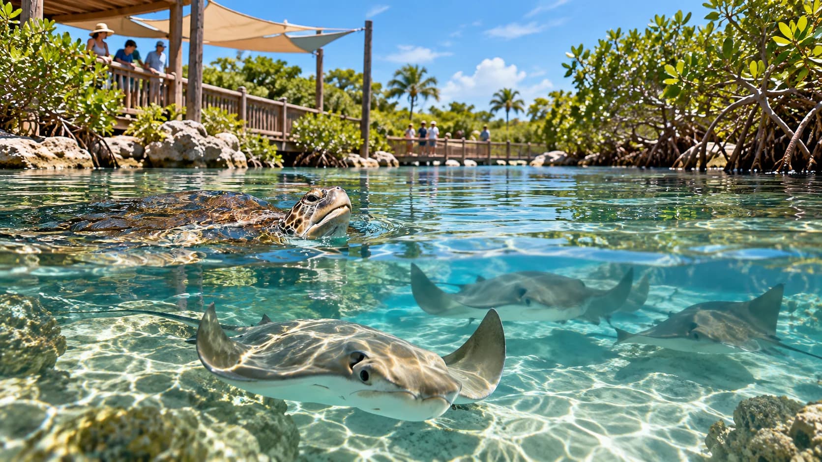 Editorial illustration of a coastal wildlife lagoon at an outdoor education center