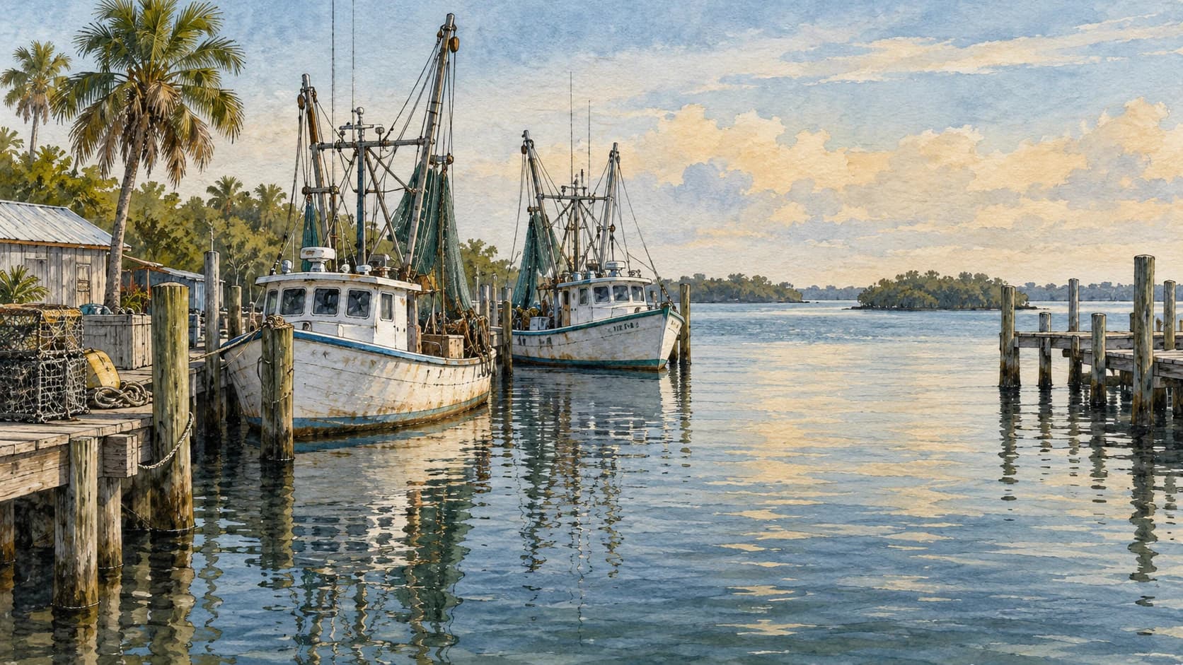 Editorial illustration: A sheltered Florida waterfront with two working fishing boats moored at wooden docks. Water naturally opaque with subtle reflections
