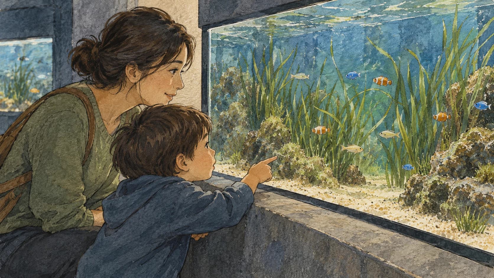 Editorial illustration: A parent and child viewing a modest indoor saltwater aquarium with only small fish and seagrass