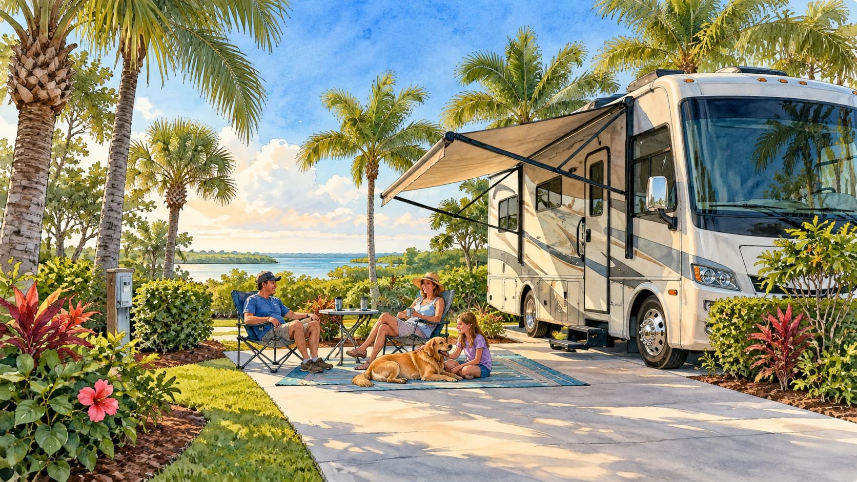 Editorial illustration: A parked RV in a landscaped Treasure Coast campground with palms and level pad