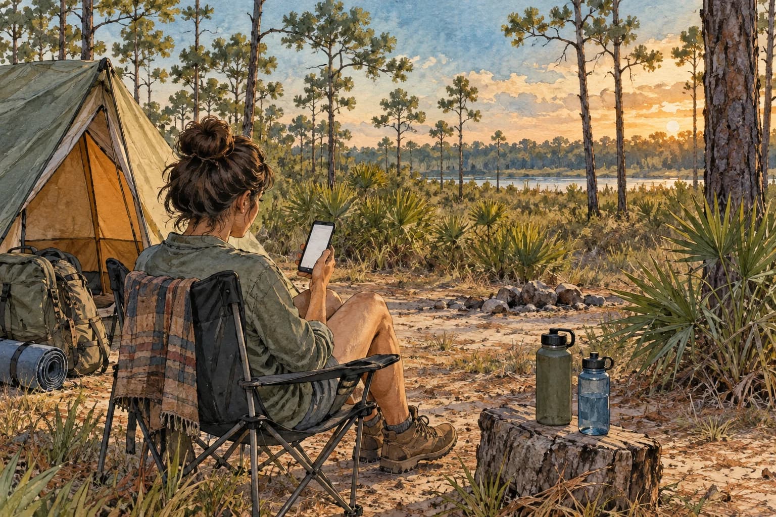Editorial illustration: A camper checking a reservation on a blank phone beside tent and water bottles