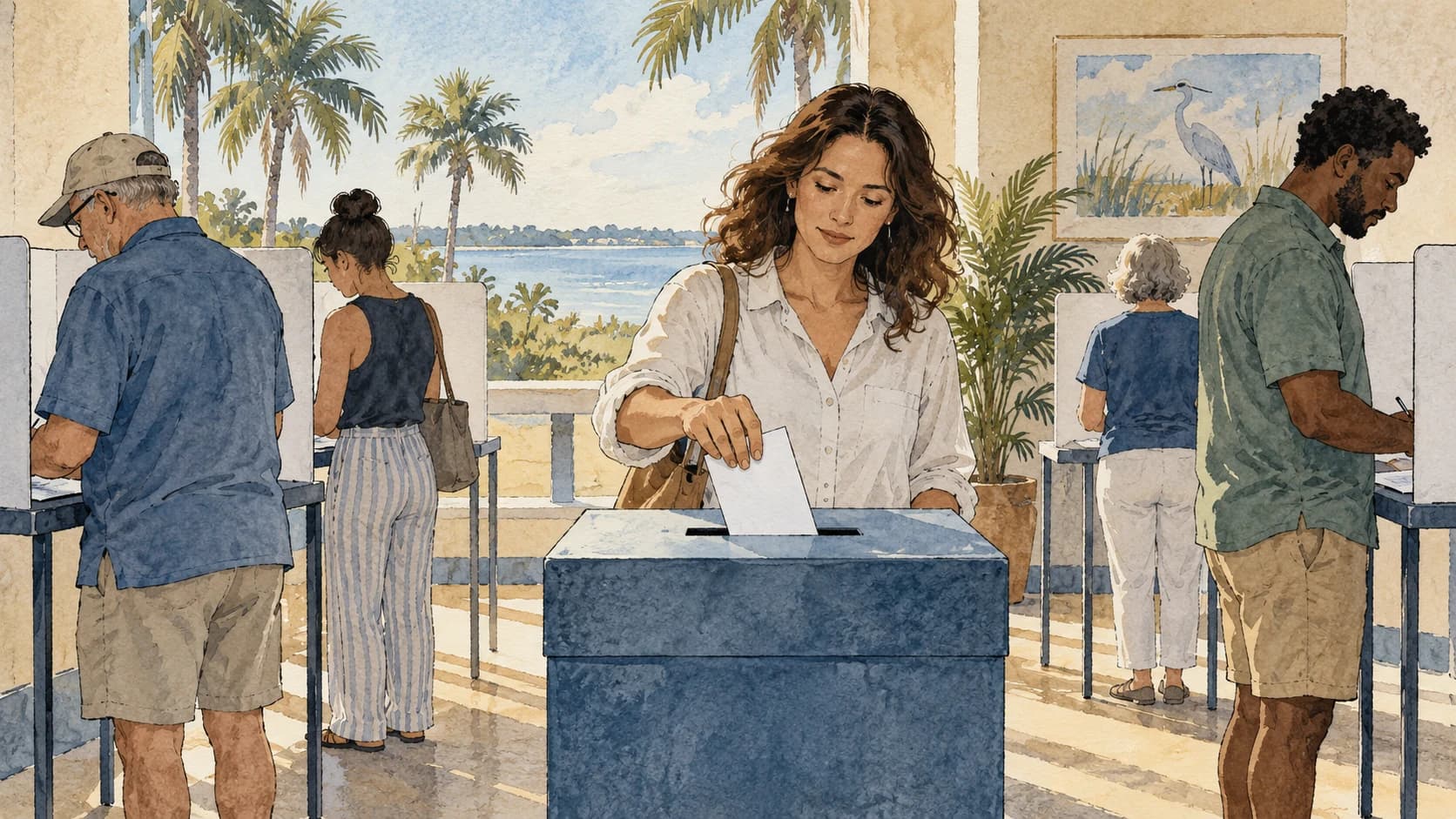 Editorial illustration: A neutral polling place illustration with voters and a ballot box