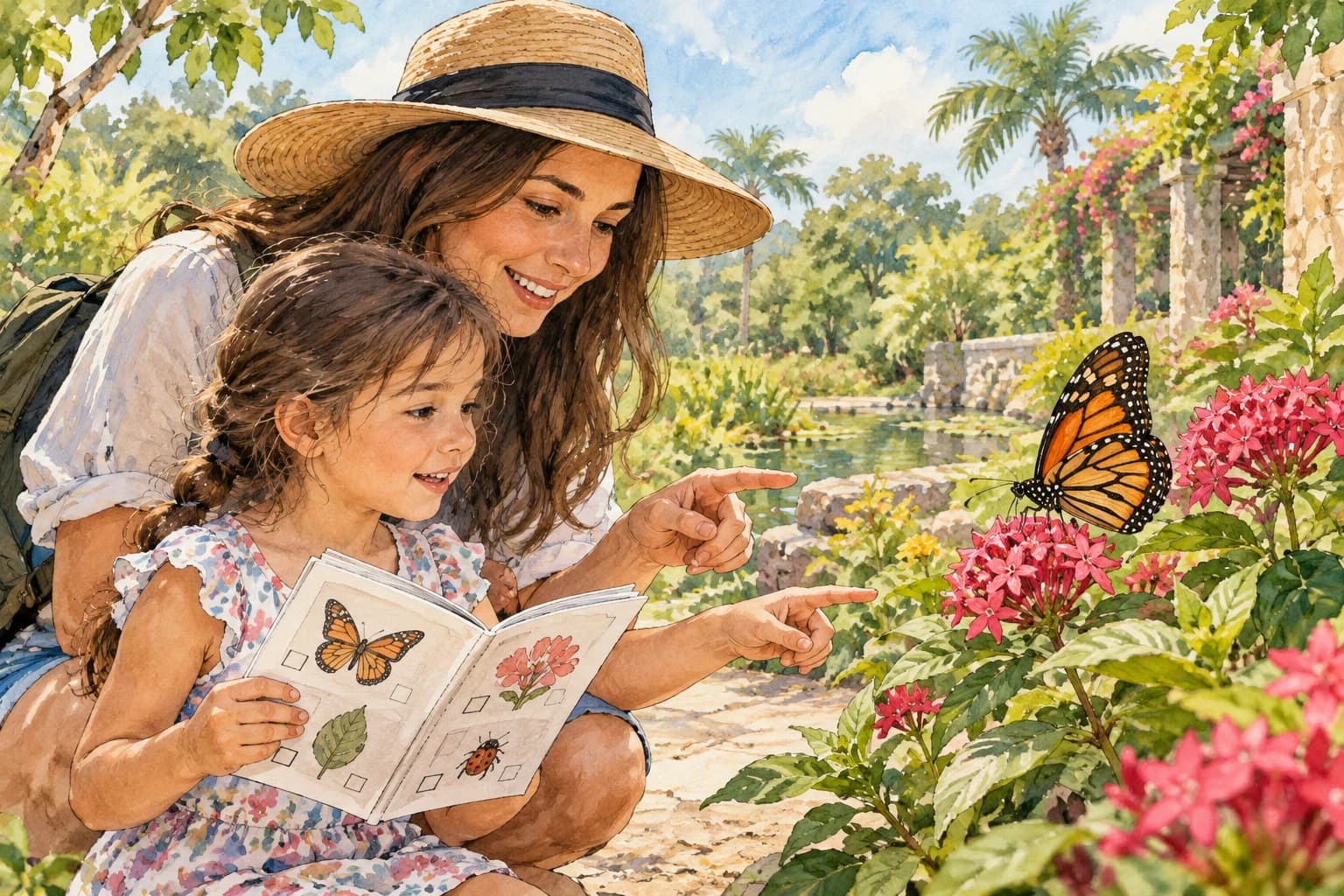 Editorial illustration: A child and parent using a garden scavenger-hunt booklet beside a butterfly on flowers