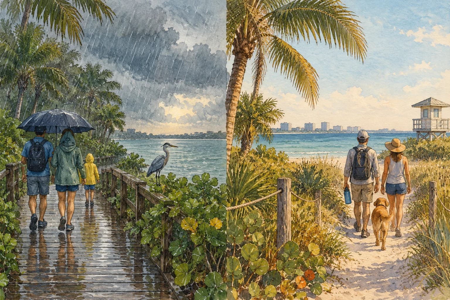 Editorial illustration: The same general Florida landscape suggested across rainy summer and cooler dry winter seasons