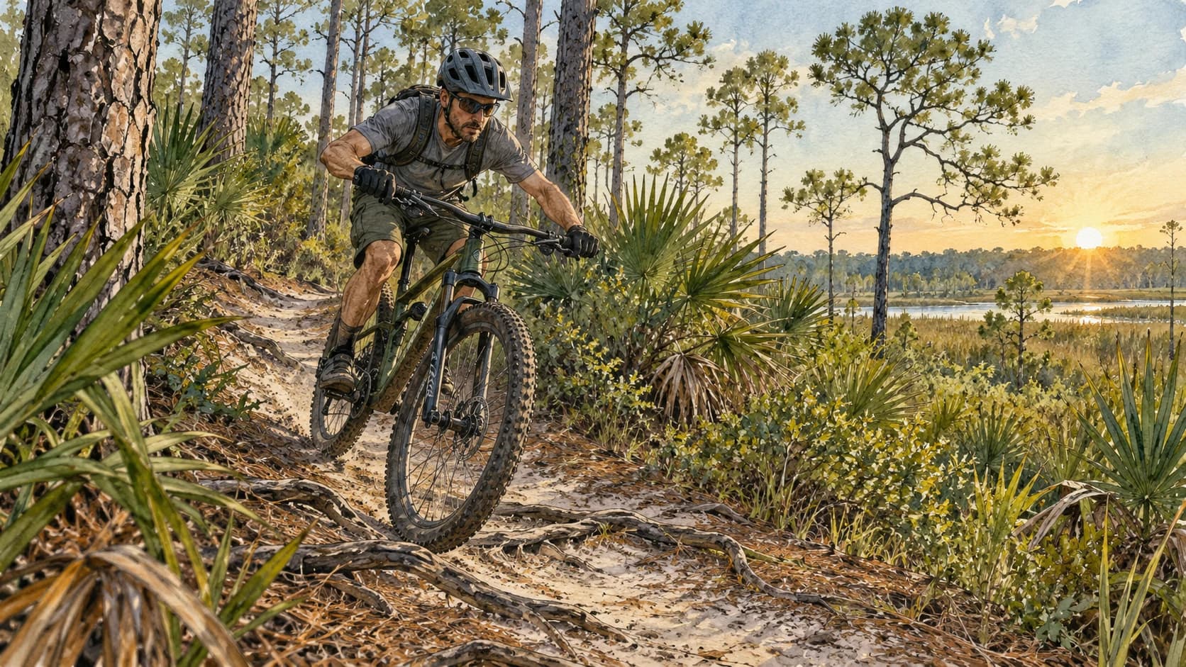 Editorial illustration: A helmeted adult mountain biker on a Florida woodland singletrack with low roots