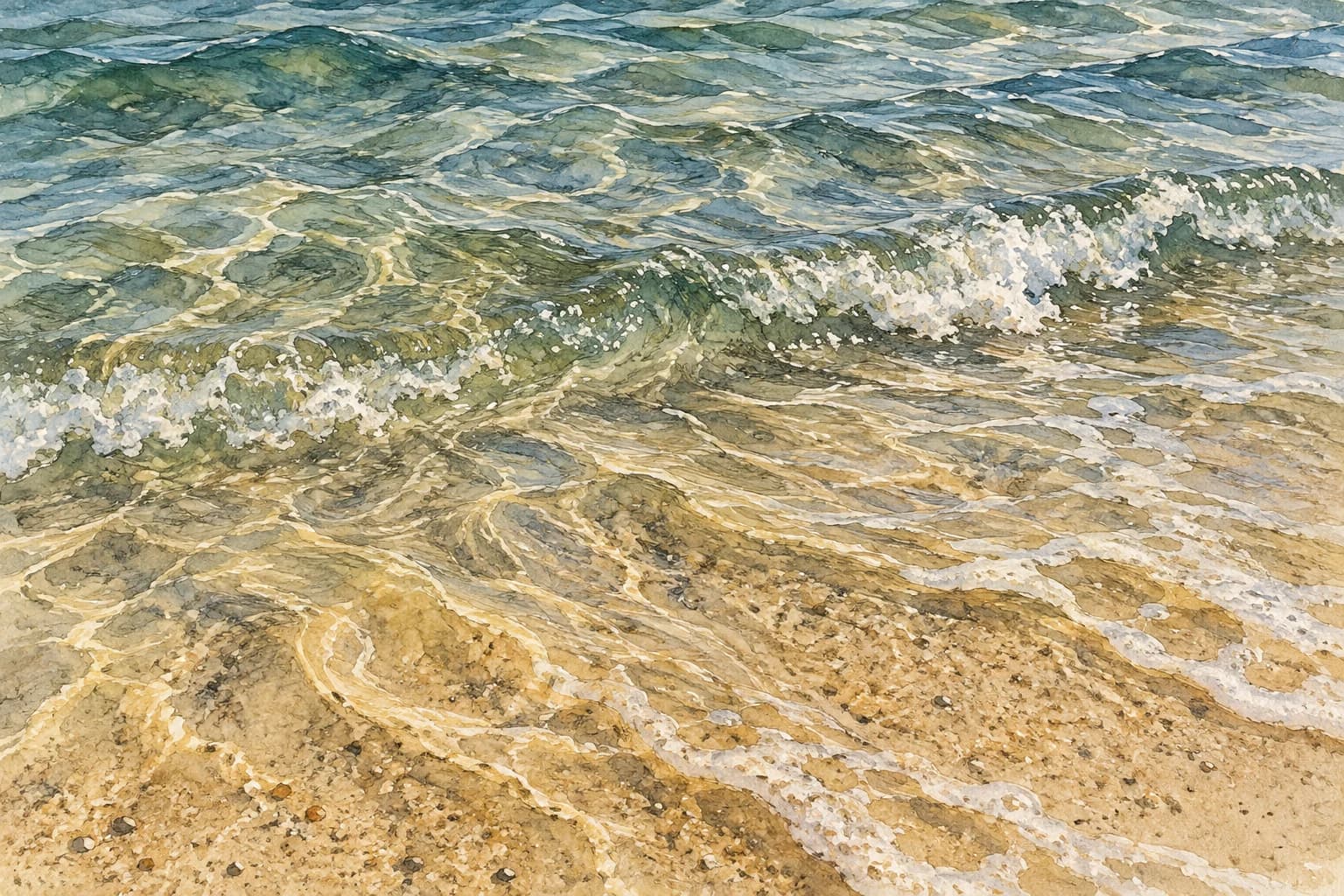 Editorial illustration: Close view of waves gently stirring sand in coastal shallows, visible sandy texture