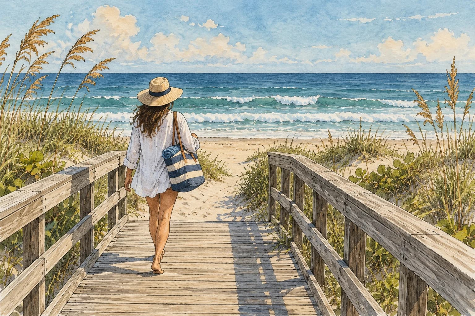 Editorial illustration: A Florida Atlantic beach entrance with a wooden dune boardwalk and a person carrying a beach bag, flat horizon