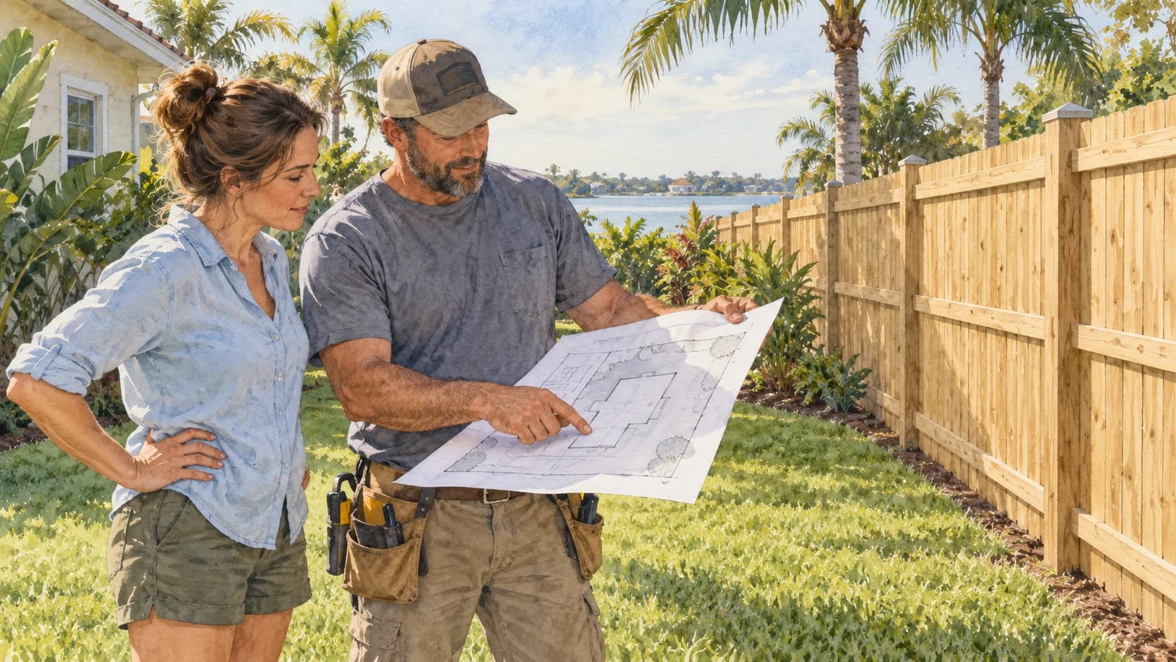 Editorial illustration: A homeowner and contractor standing in a Florida residential yard, reviewing a plain property plan beside a simple completed wooden fence