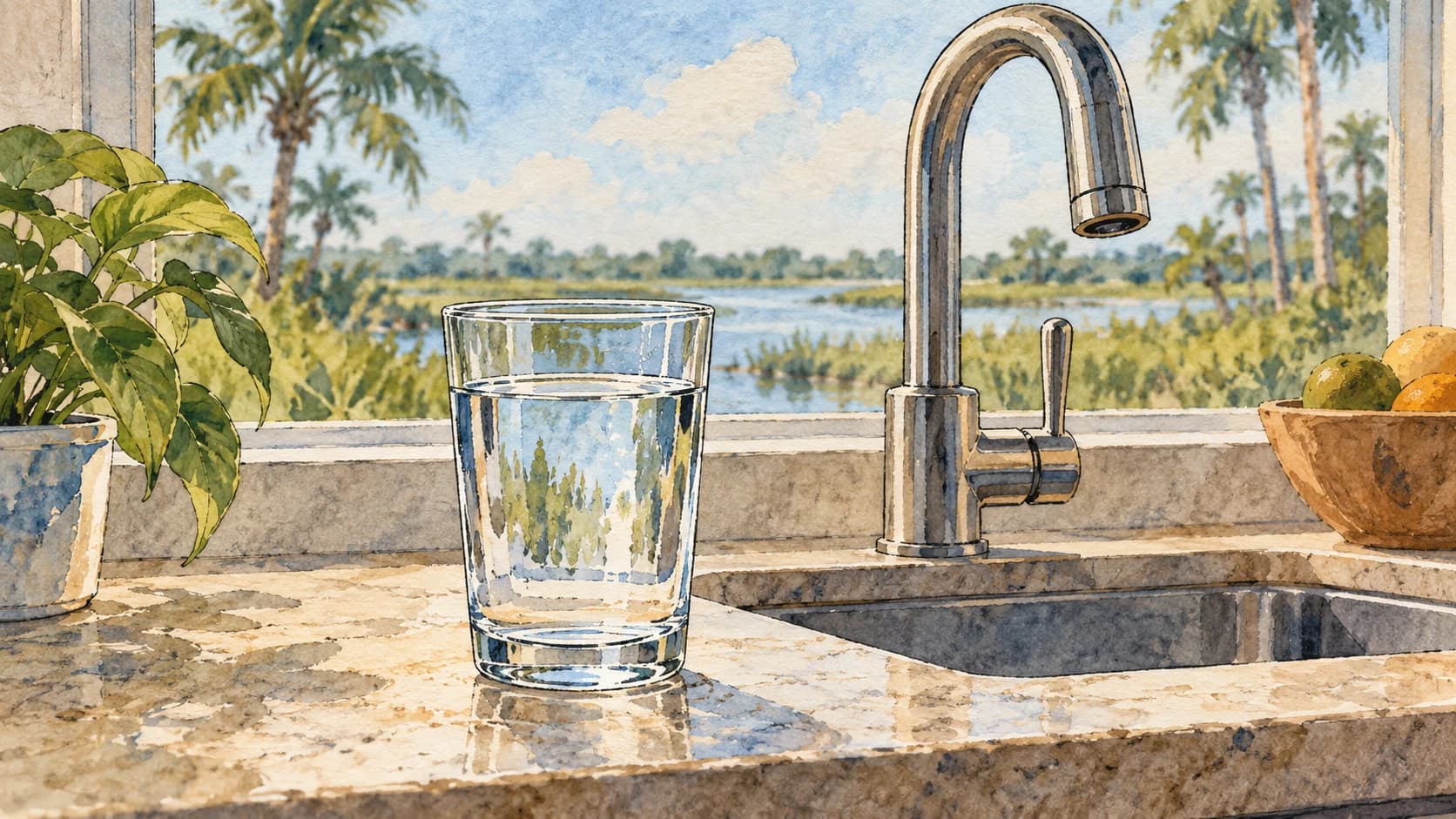 Editorial illustration: A clear glass of tap water beside a Florida kitchen faucet