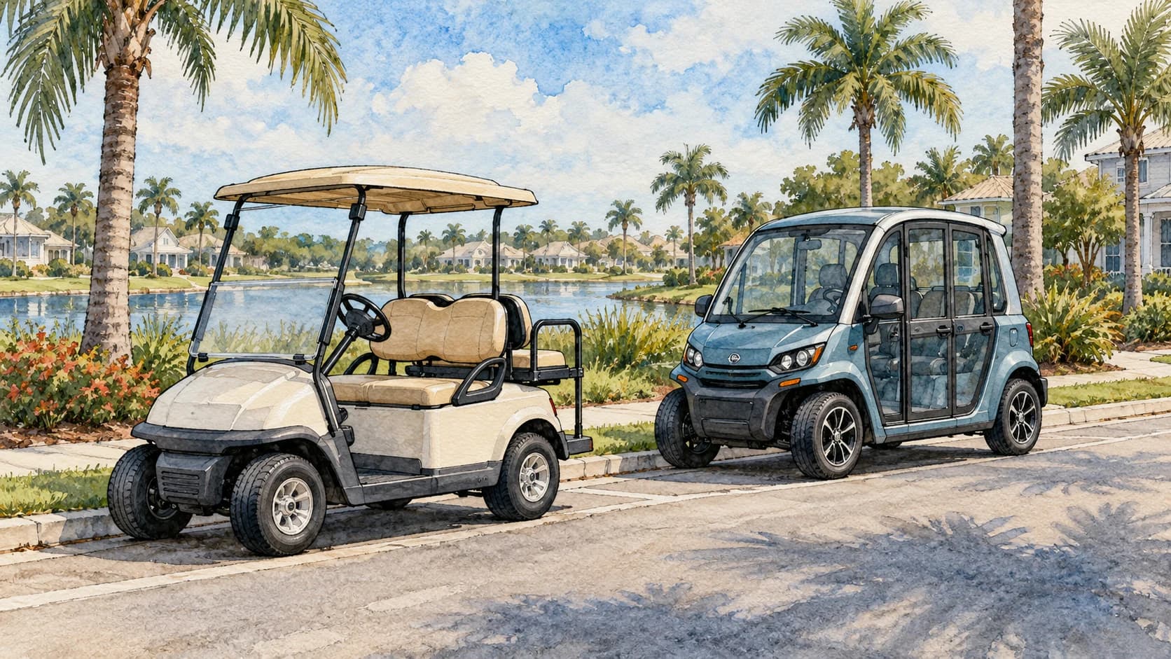 Editorial illustration: A golf cart and a distinct street legal low speed vehicle parked separately beside a planned Florida community street