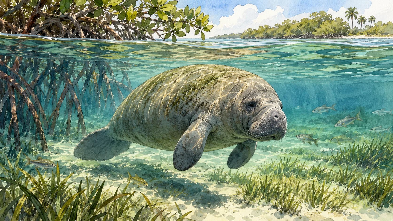 Editorial illustration: A manatee underwater in a Florida lagoon viewed without people touching or pursuing it