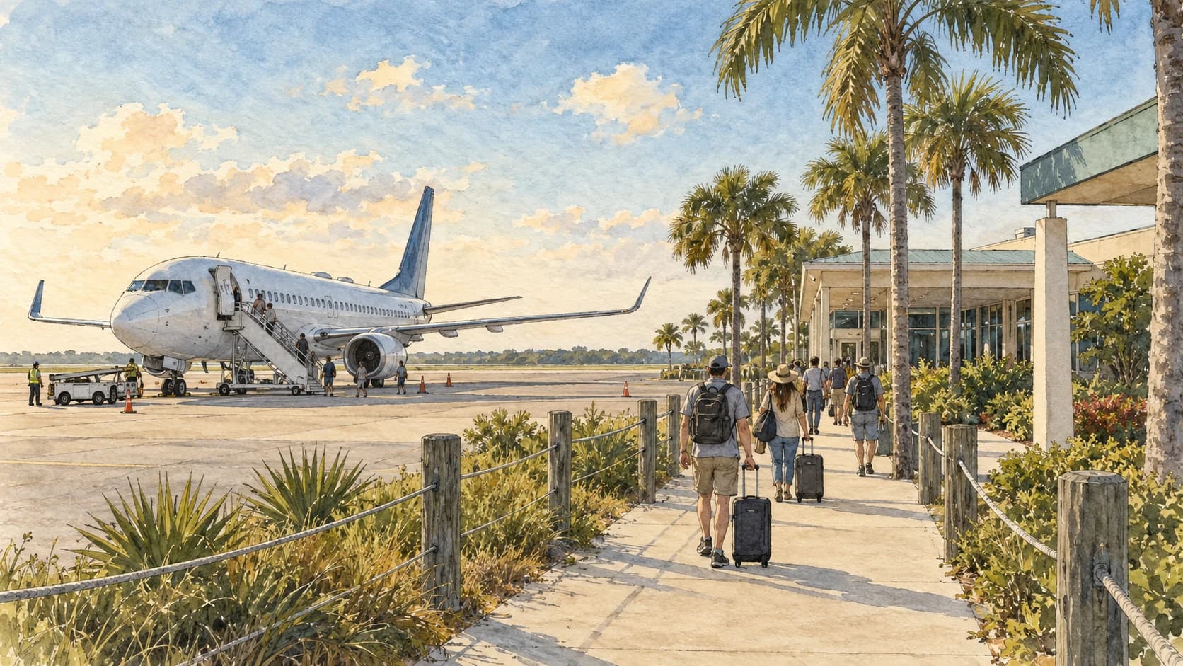Editorial illustration: A passenger aircraft parked outside a modest single-story Florida airport terminal, palms and flat ground, travelers on a pedestrian walkway separated from aircraft
