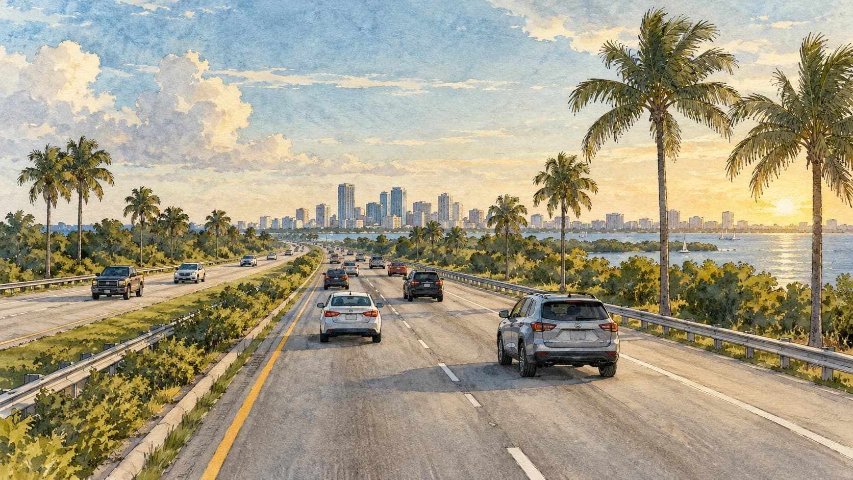 Editorial illustration: Ordinary commuter cars traveling on a divided Florida highway toward a distant low city skyline, view from outside roadway