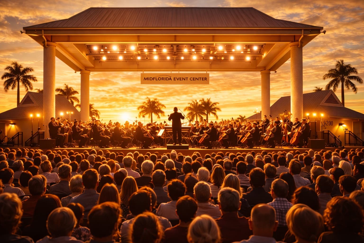 Concertgoers near the MIDFLORIDA Event Center at golden hour.