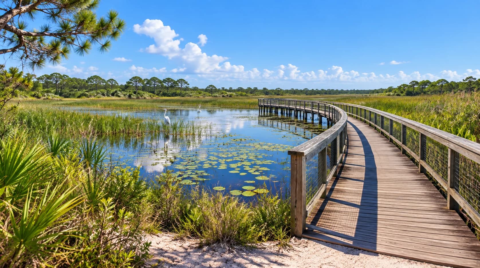 Editorial illustration of a raised wetland path through a Florida marsh