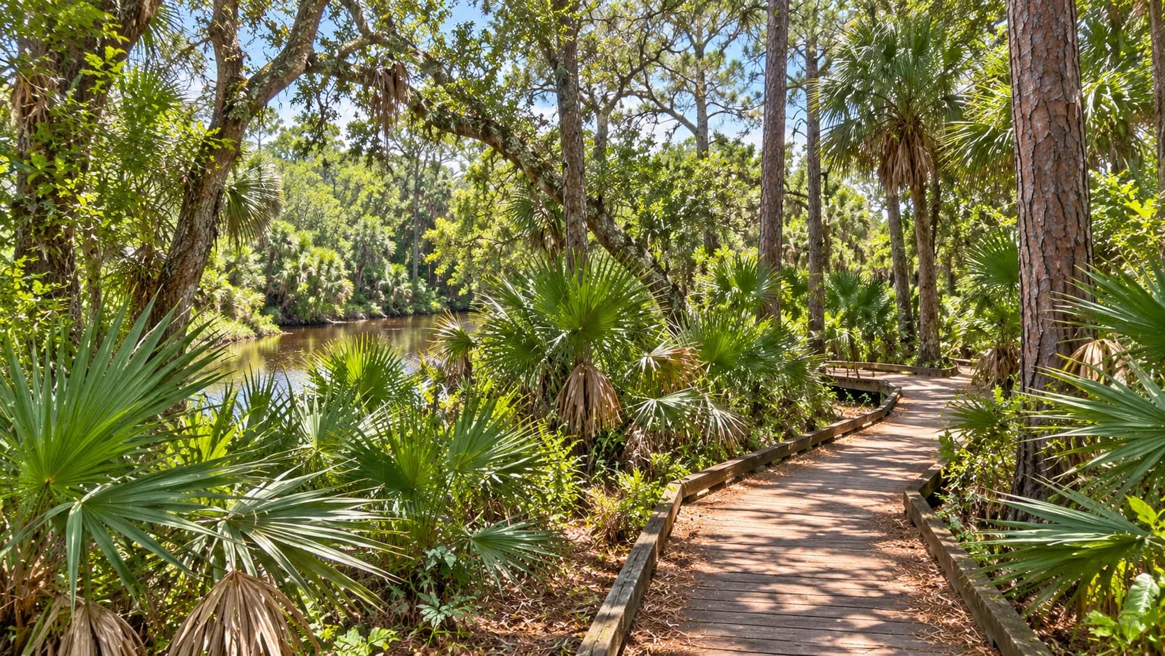 Editorial illustration of a shaded boardwalk near the St. Lucie River