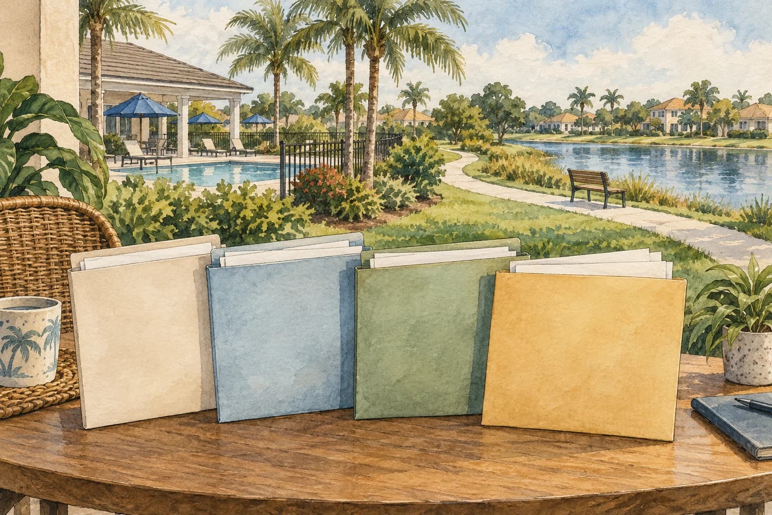 Editorial illustration: Separate blank household bill folders and neighborhood amenity scene, avoid misleading fee numbers