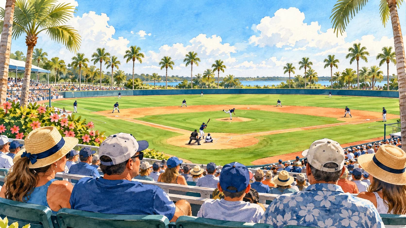 Editorial illustration: An illustrated Florida spring training baseball field with spectators and palm trees