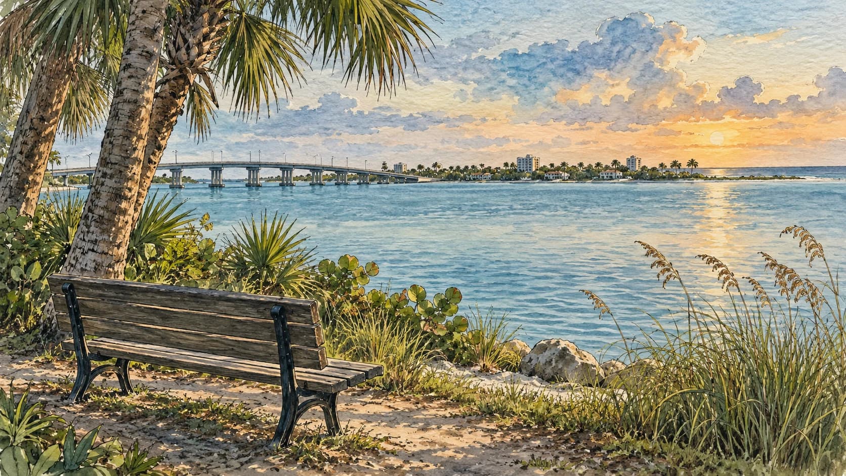 Editorial illustration: A quiet mainland Florida lagoonfront park with a bench and palms in the foreground, a low bridge and barrier island seen far across the lagoon. An atmospheric coastal scene, not a map or geographical diagram