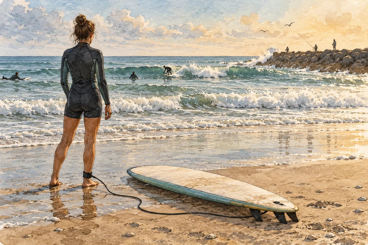 Editorial illustration: Surfboard and leash on beach with a surfer observing waves and a distant jetty