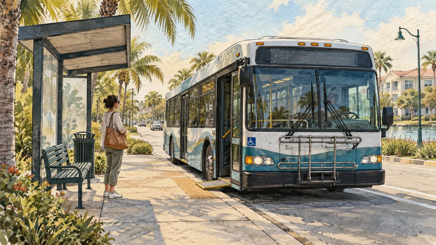 Editorial illustration: An accessible city bus stopped at a Florida suburban shelter, a passenger waiting on the sidewalk