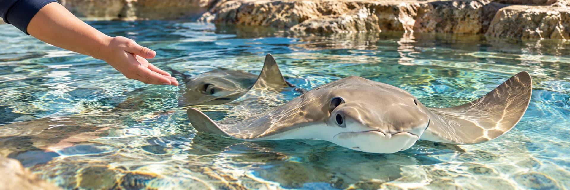 Editorial illustration of a stingray in a shallow educational pool