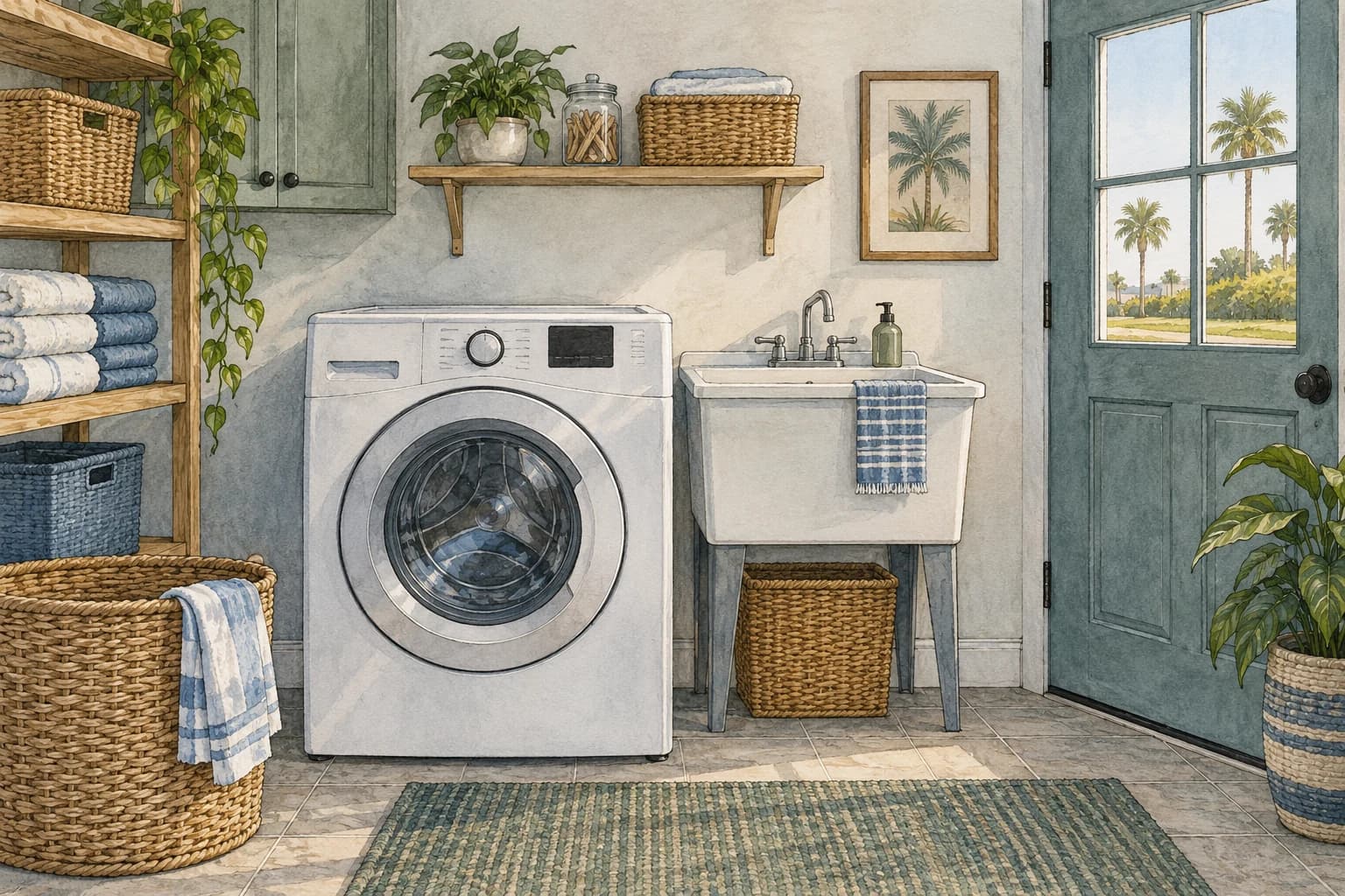 Editorial illustration: A practical household laundry room with a closed washing machine and nearby utility sink