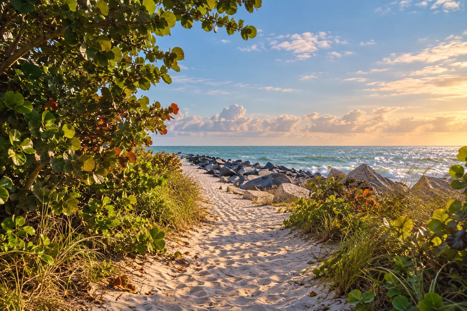 Editorial illustration of a dune path approaching Fort Pierce Inlet