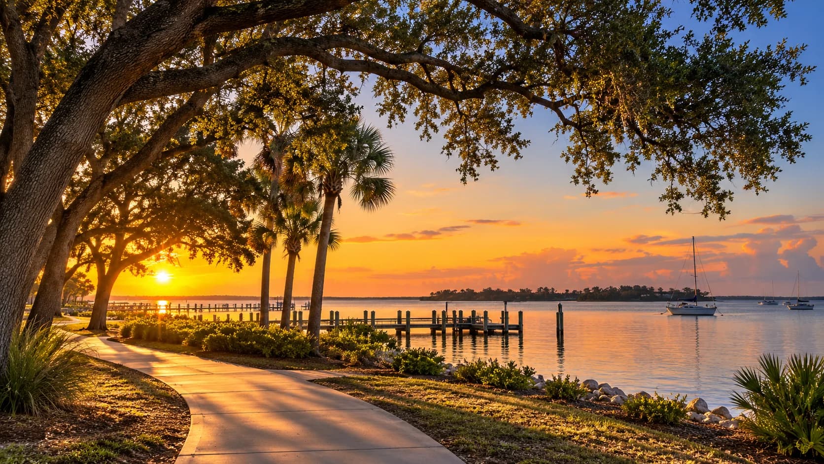 A shaded walk along the Indian River Lagoon with piers and boats beyond.