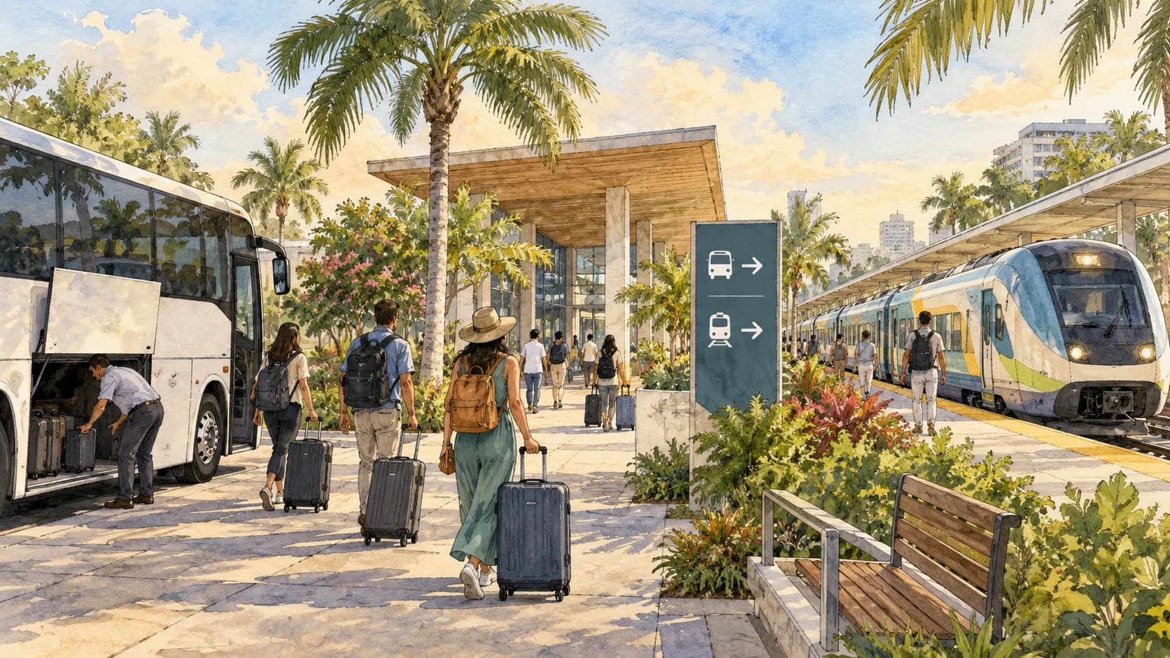 Editorial illustration: A modern passenger train at a South Florida station platform