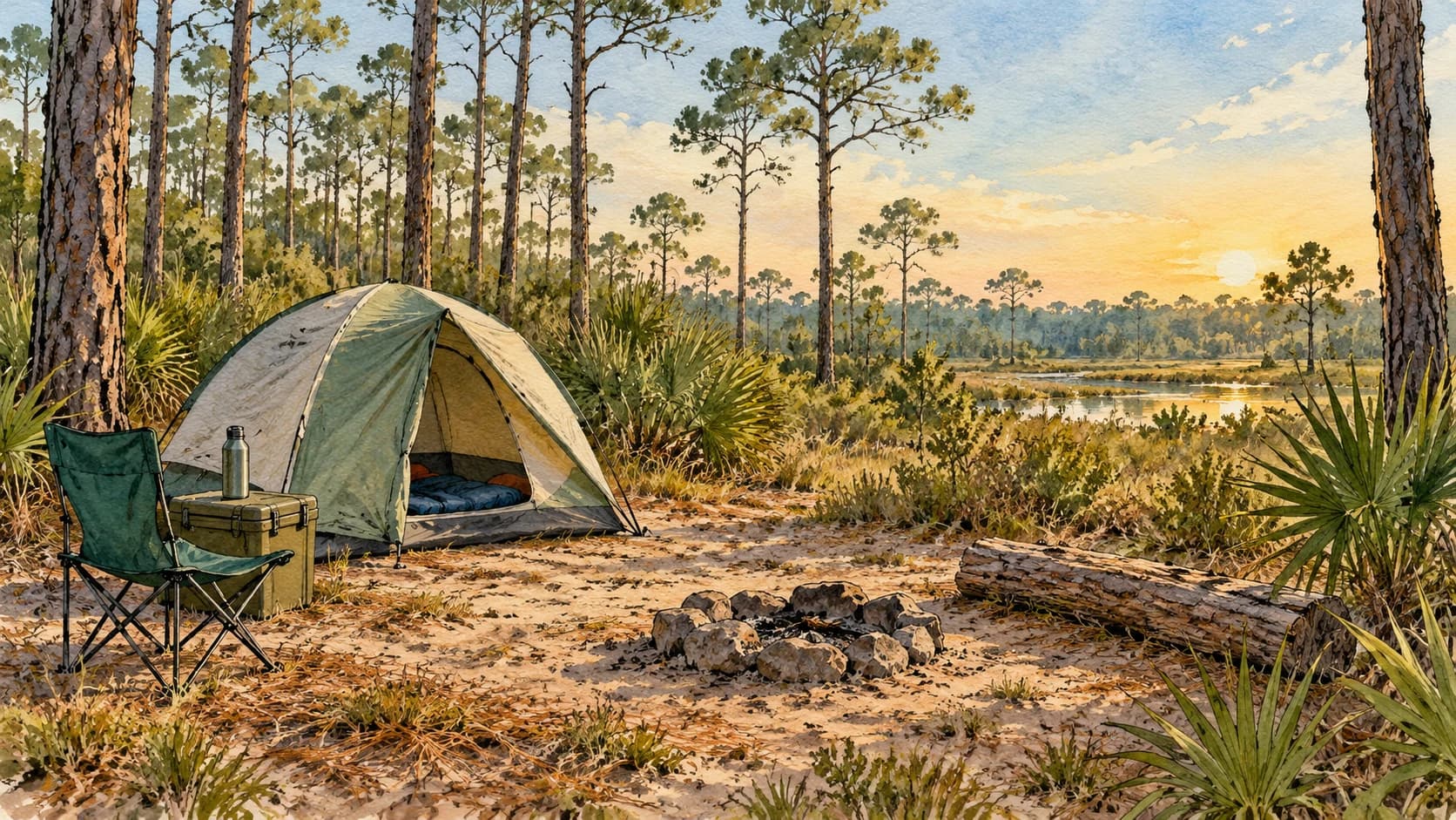 Editorial illustration: A modest tent in a designated Florida public lands clearing