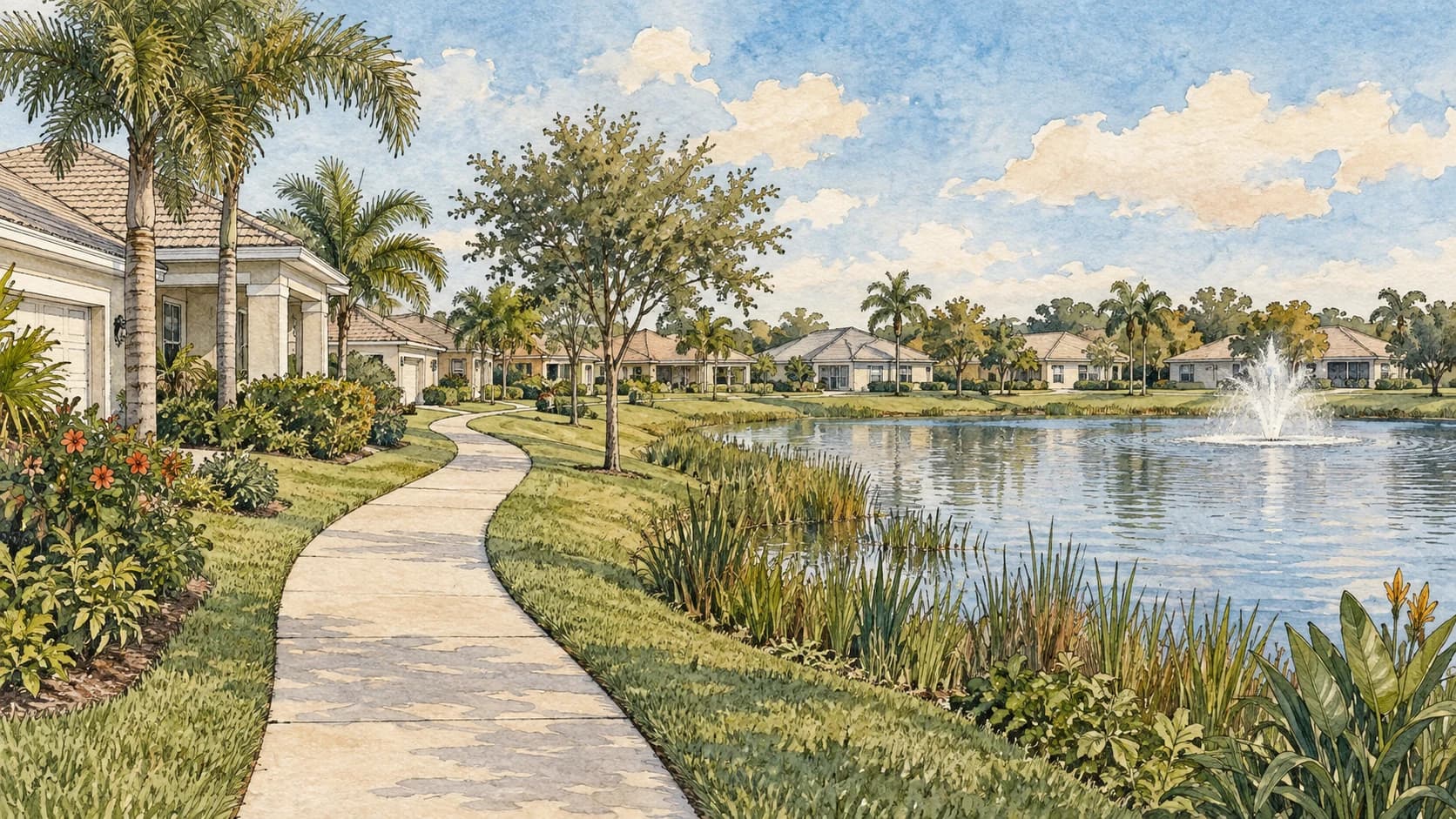 Editorial illustration: A landscaped planned Florida community with sidewalk, homes and drainage pond
