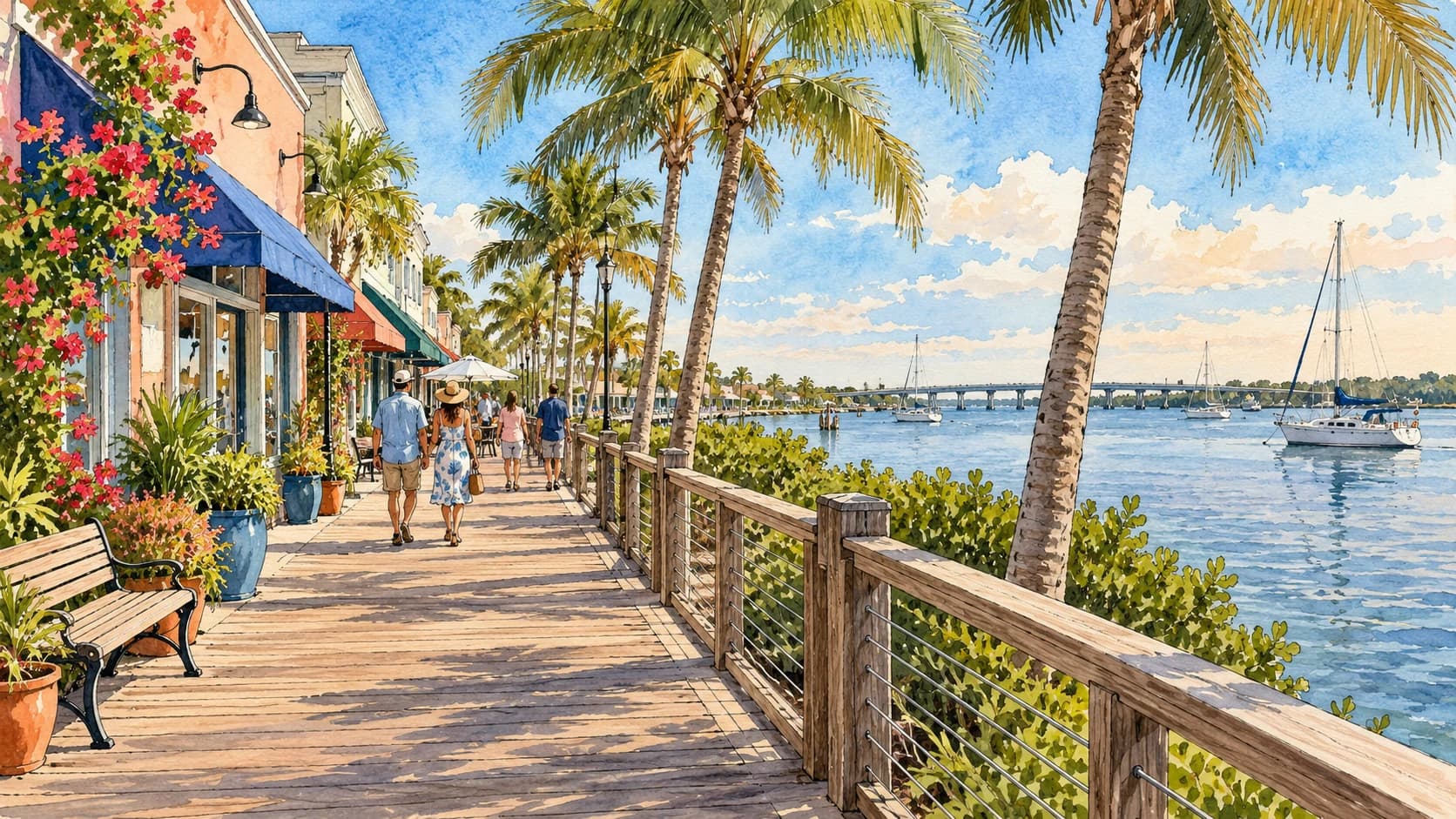 Editorial illustration: A waterfront boardwalk with downtown storefronts and riverfront palms, Stuart inspired