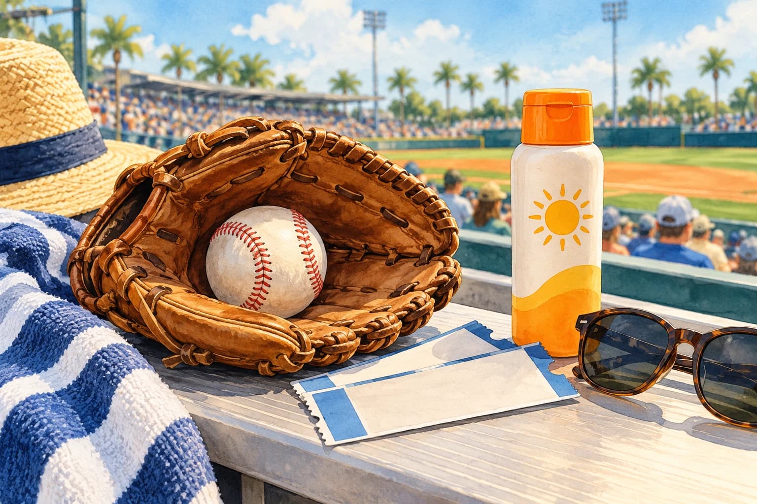 Editorial illustration: A baseball glove, tickets without text and sunscreen ready for a sunny stadium outing