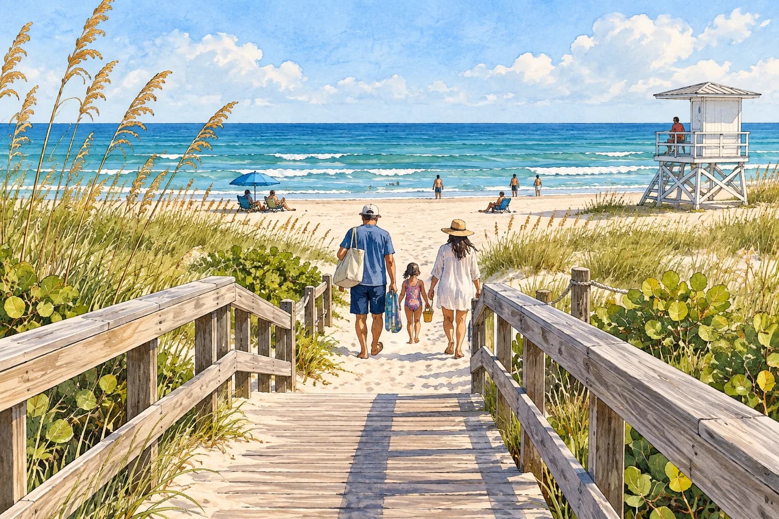Editorial illustration: A dune crossover to beach and distant lifeguard stand