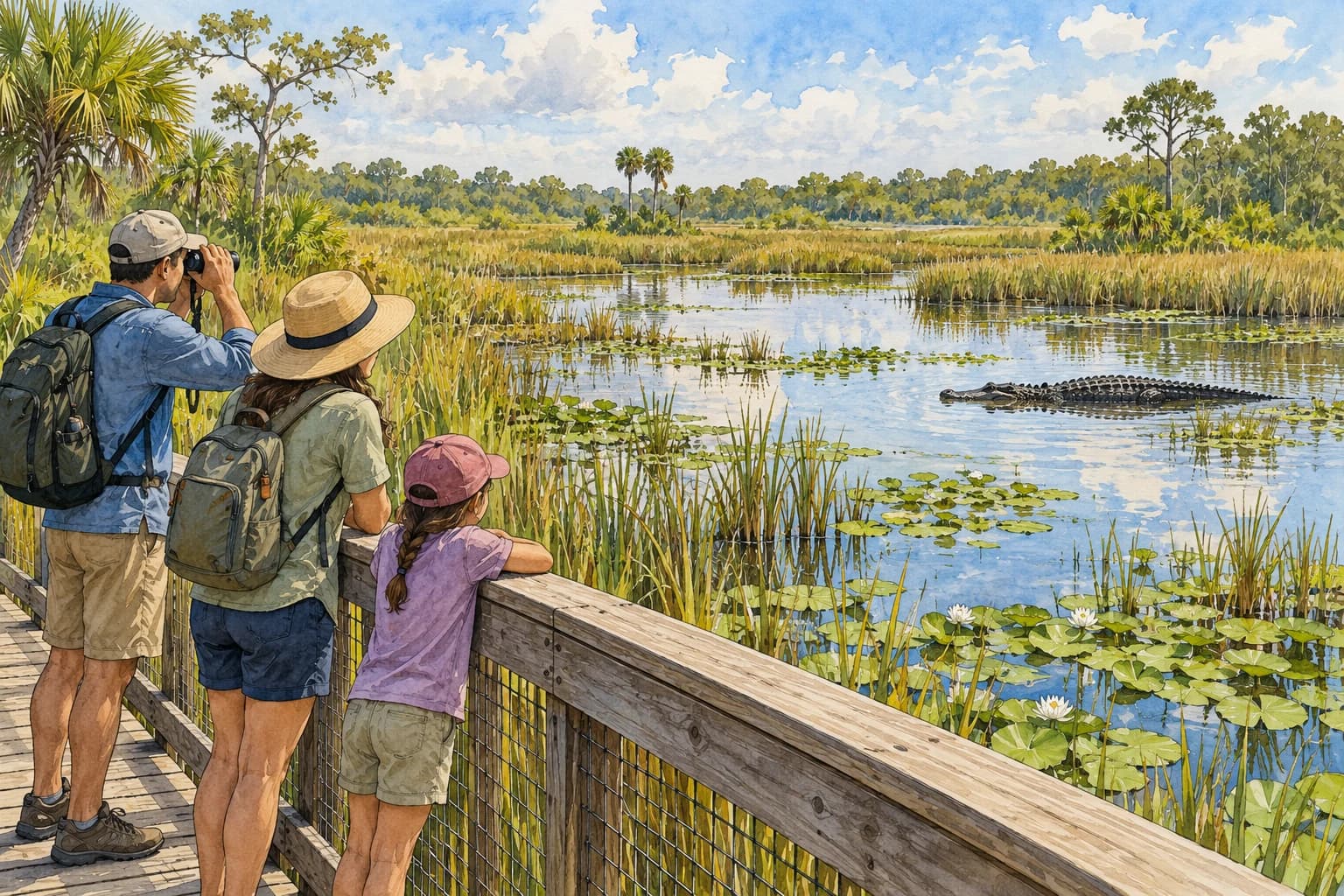 Editorial illustration: Visitors viewing wetland habitat from a raised boardwalk, alligator distant across water