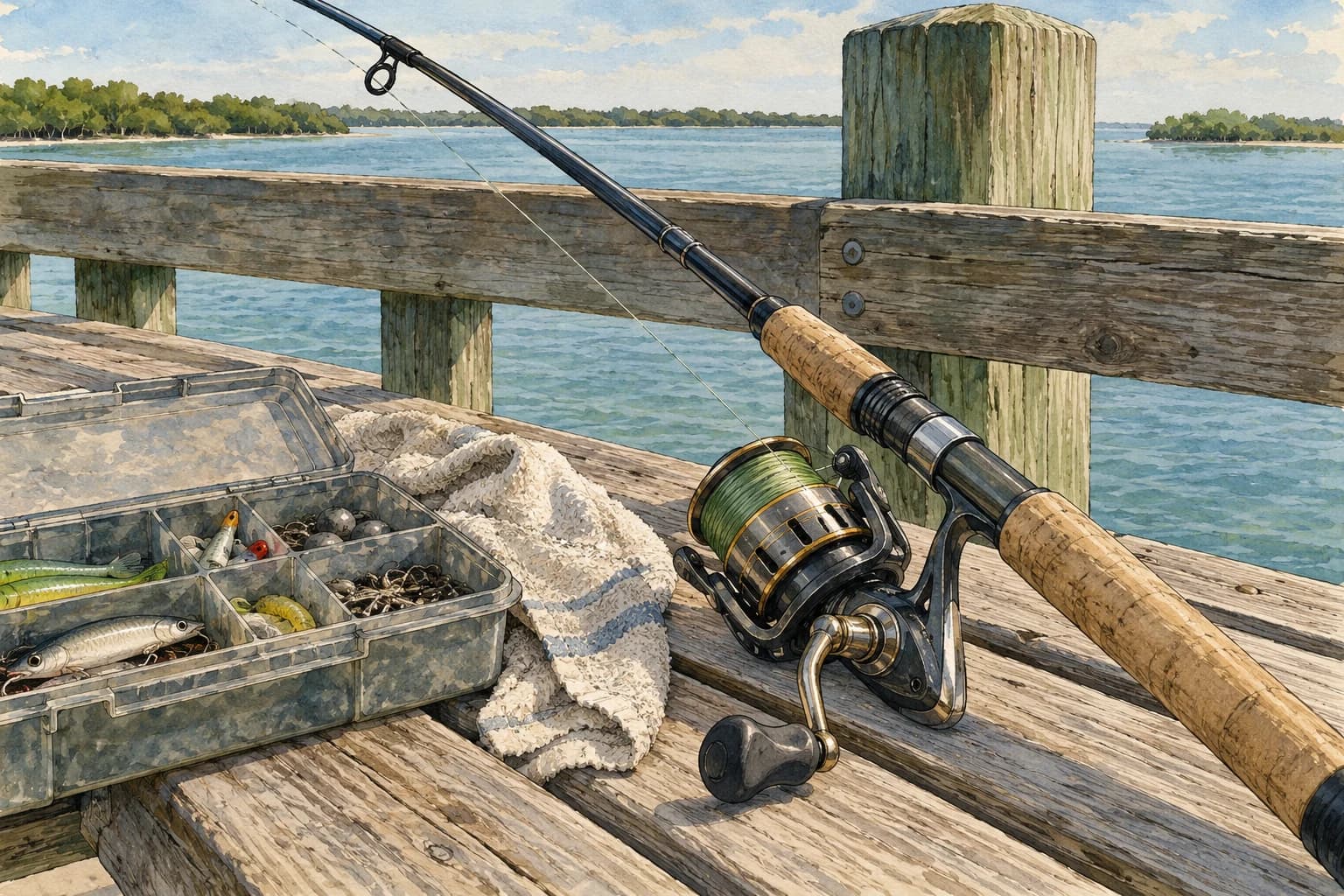 Editorial illustration: Close view of fishing tackle and rod resting on a dry pier bench beside a sturdy railing