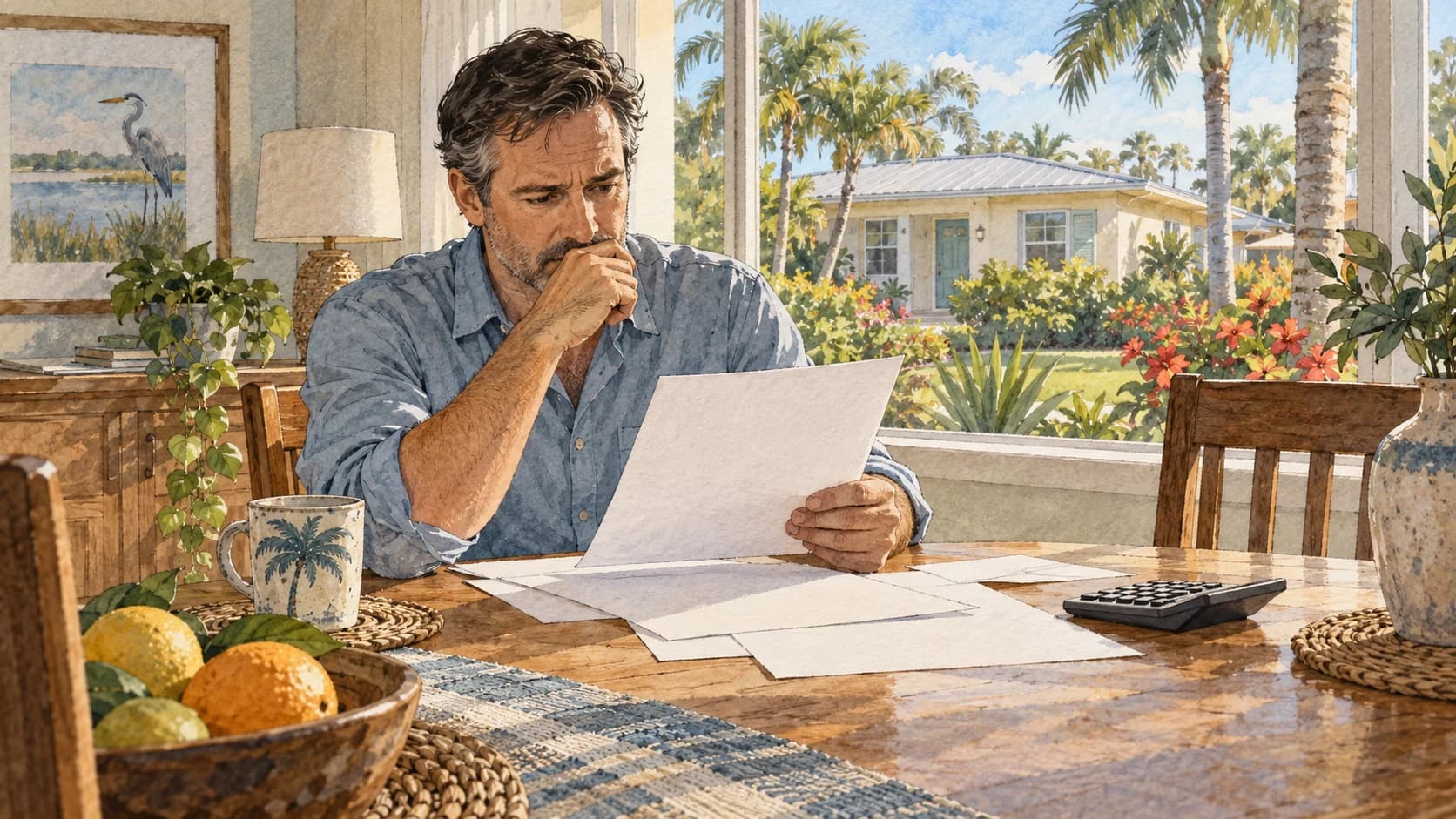 Editorial illustration: A homeowner reviewing blank property tax documents at a dining table beside a calculator, Florida bungalow garden through the window