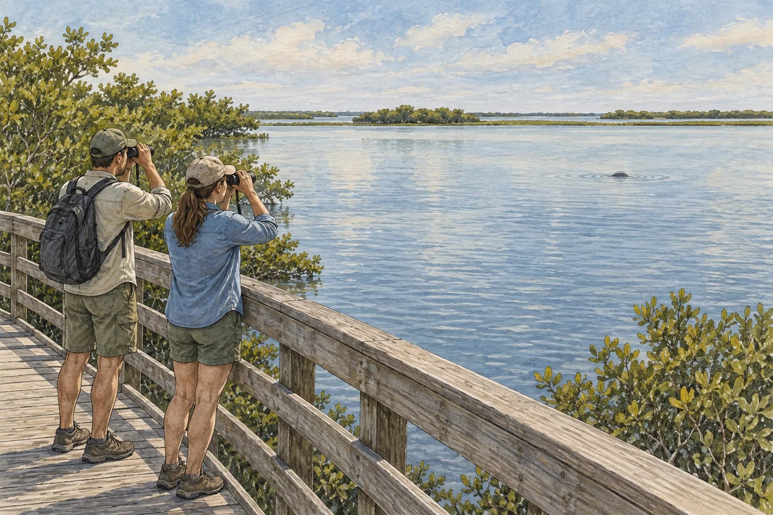 Editorial illustration: Two visitors with binoculars on a flat Florida lagoon boardwalk looking at one tiny distant manatee nose breaking the surface far away