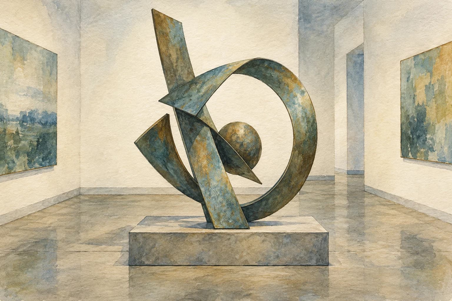 Editorial illustration: An abstract metal sculpture displayed inside a modest art museum gallery