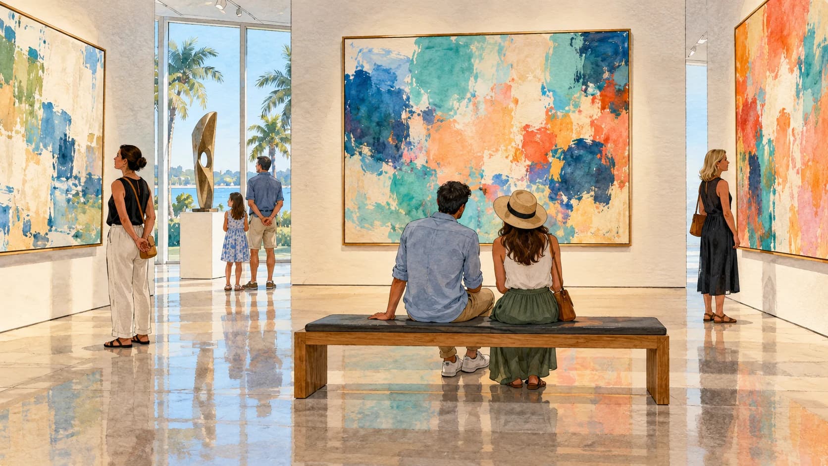 Editorial illustration: Visitors in a quiet art museum gallery looking at original abstract paintings