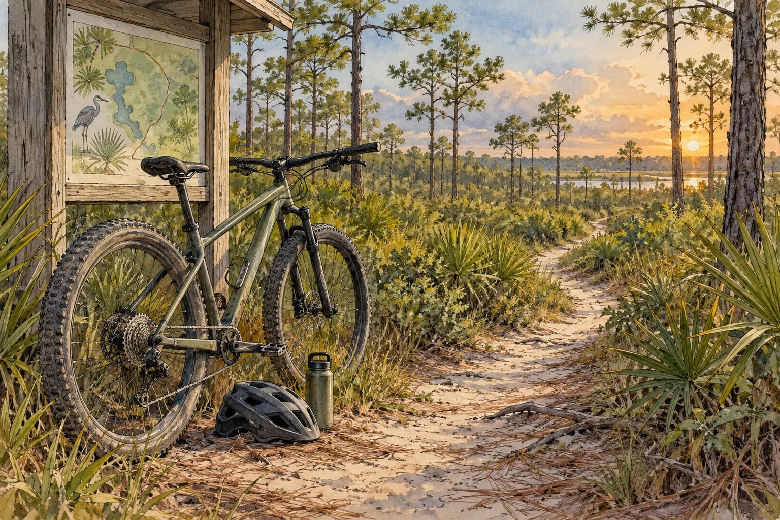 Editorial illustration: A mountain bike resting at a trailhead beside helmet and water bottle