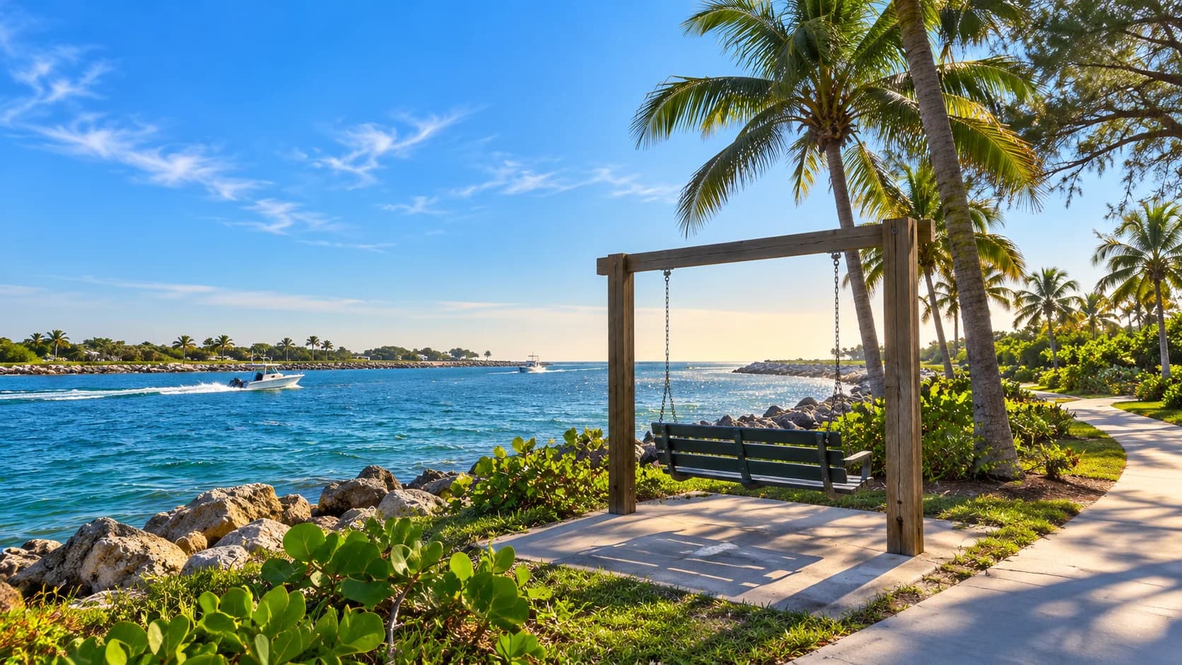 A bench swing and palm-lined path facing the Fort Pierce Inlet.