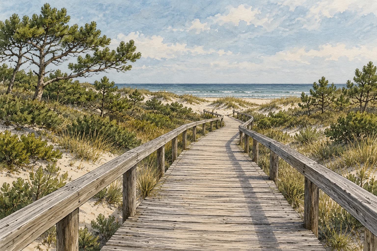 Editorial illustration: An empty wooden boardwalk through low flat coastal pine scrub and dunes